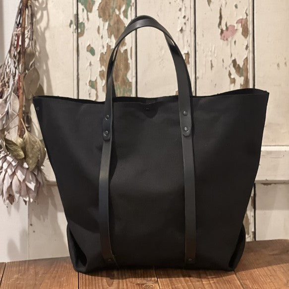 【大きめ帆布トート】倉敷6号帆布ブラック×黒色レザー トートバッグ 牛革ベルト