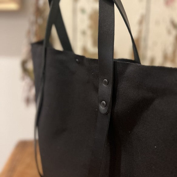 【大きめ帆布トート】倉敷6号帆布ブラック×黒色レザー トートバッグ 牛革ベルト