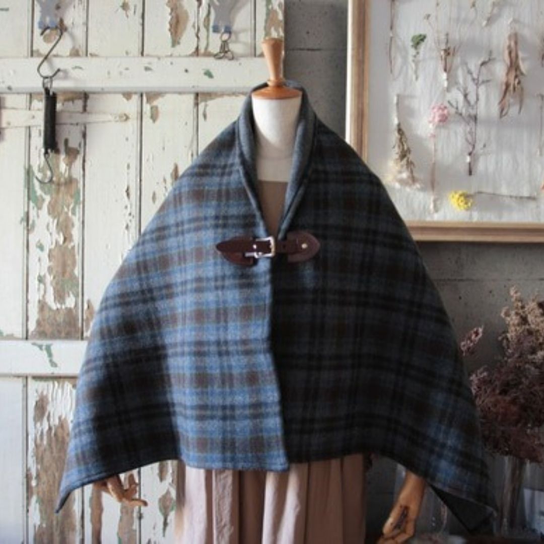 【カシミアウール】ポンチョ グレー系チェック×濃茶色レザー