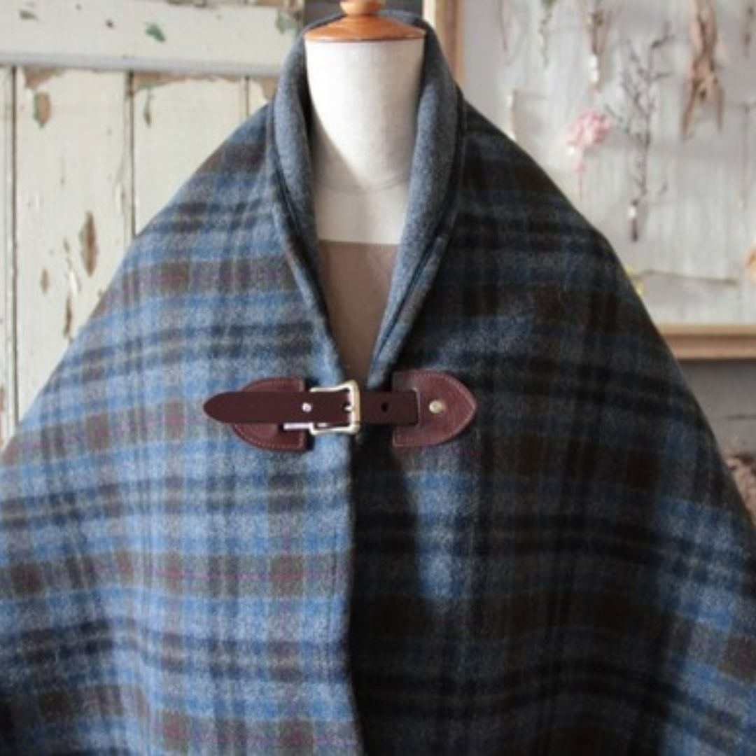 【カシミアウール】ポンチョ グレー系チェック×濃茶色レザー